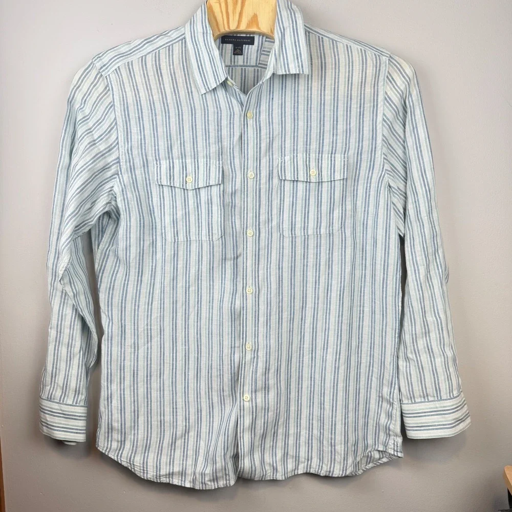 Banana Republic Mens Linen Button Down Shirt XL Blue Striped Coastal Nautical‎